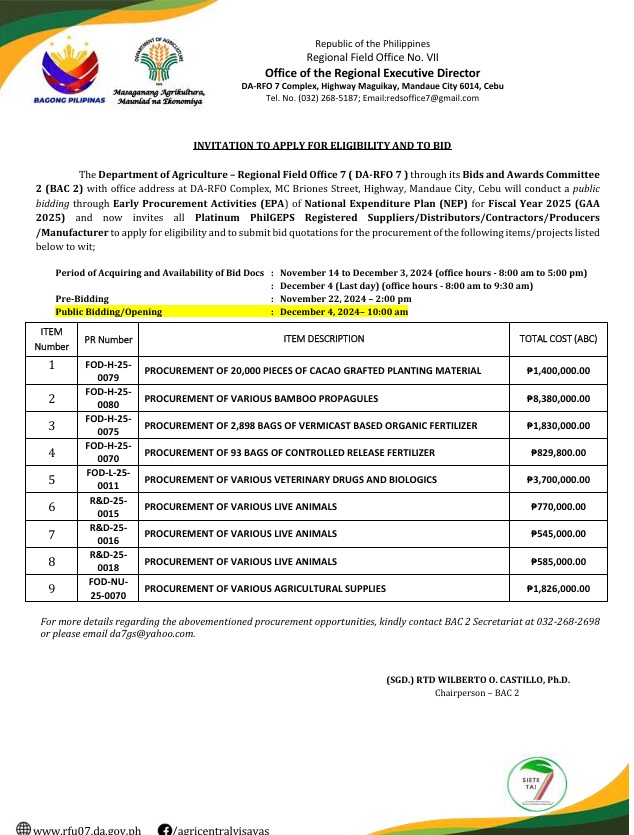 Invitation To Bid for Procurement for EPA 4th Bidding for 2025